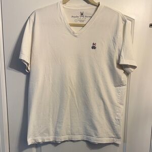 Psycho Bunny Men's White  V-Neck Logo Tee - Size 5 (Med)